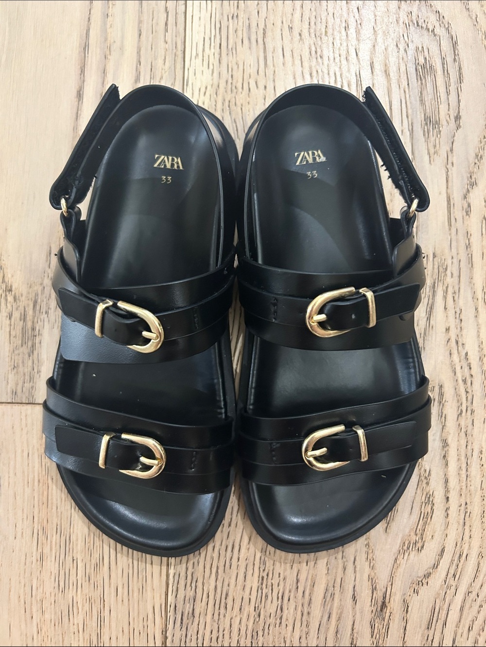 NEW! ZARA Black Double-Buckle Slingback Sandals with Gold Hardware